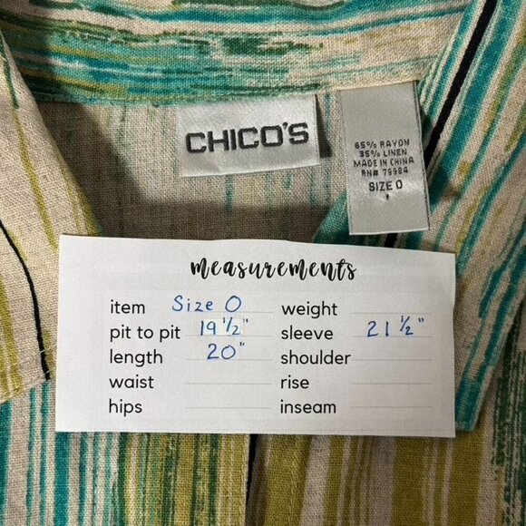 Chico's Green Tan Stripe Button Down Top Jacket Women's Small 4 Chico's Size 0 - Picture 12 of 14
